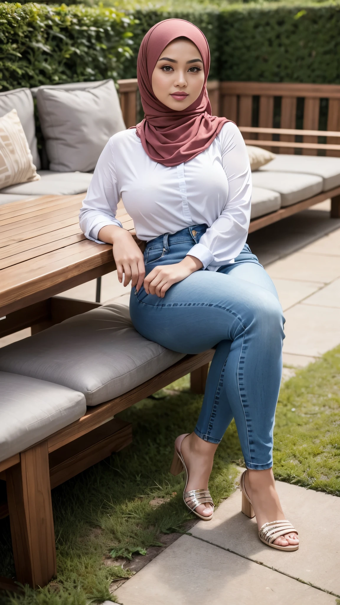 ( Close Up),RAW, Best quality, high resolution, masterpiece: 1.3), beautiful Malay woman in hijab,Masterpiece, perfect fit body, big breast,big gorgeous eyes, Soft smile,beutiful face,thick thighs, a woman standing in garden with a table and chairs, full body picture, casual pose, wearing casual clothing, wearing casual clothes, casual modern clothing, casually dressed, casual clothing style, casual, modern casual clothing, outfit photo, wearing blouse ,wearing jeans, women full body, wearing elegant casual clothes, clothes, full body in frame , Excellent lighting, Bright colors, Clean lines,