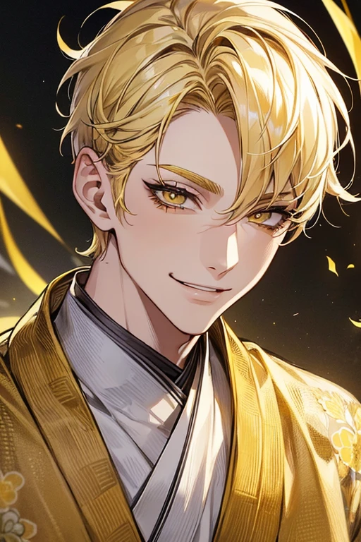 (muste piece), (best quality), extremely detailed, 1 man, solo, perfect face, pretty face, highly detailed face，yellow short hair, long yellow eyelashes、yellow eyebrows、Handsome man with expressive eyes, smiling, yellow eyes、((kimono、detailed design))、Huangze Ryota