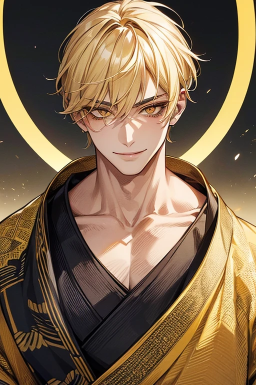(muste piece), (best quality), extremely detailed, 1 man, solo, perfect face, pretty face, highly detailed face,yellow short hair, long yellow eyelashes、yellow eyebrows、Handsome man with expressive eyes, smiling, yellow eyes、((kimono、detailed design))、Huangze Ryota