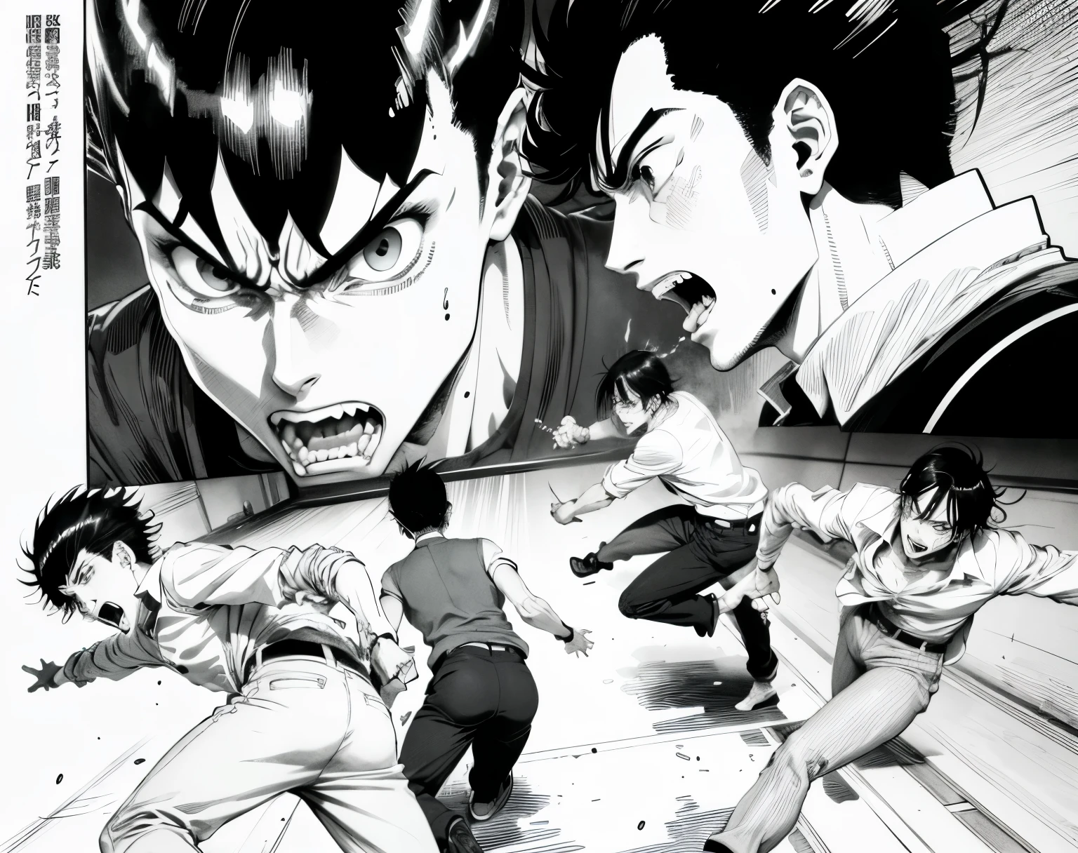 a drawing of a man in a white shirt and pants kicking, black and white manga page, Yoshitaka Amano e Junji Ito, Estilo Hajime Isayama, black and white manga panel, manga scans, manga page, striking manga artstyle, em Berserk Manga, award-winning manga style, horror manga