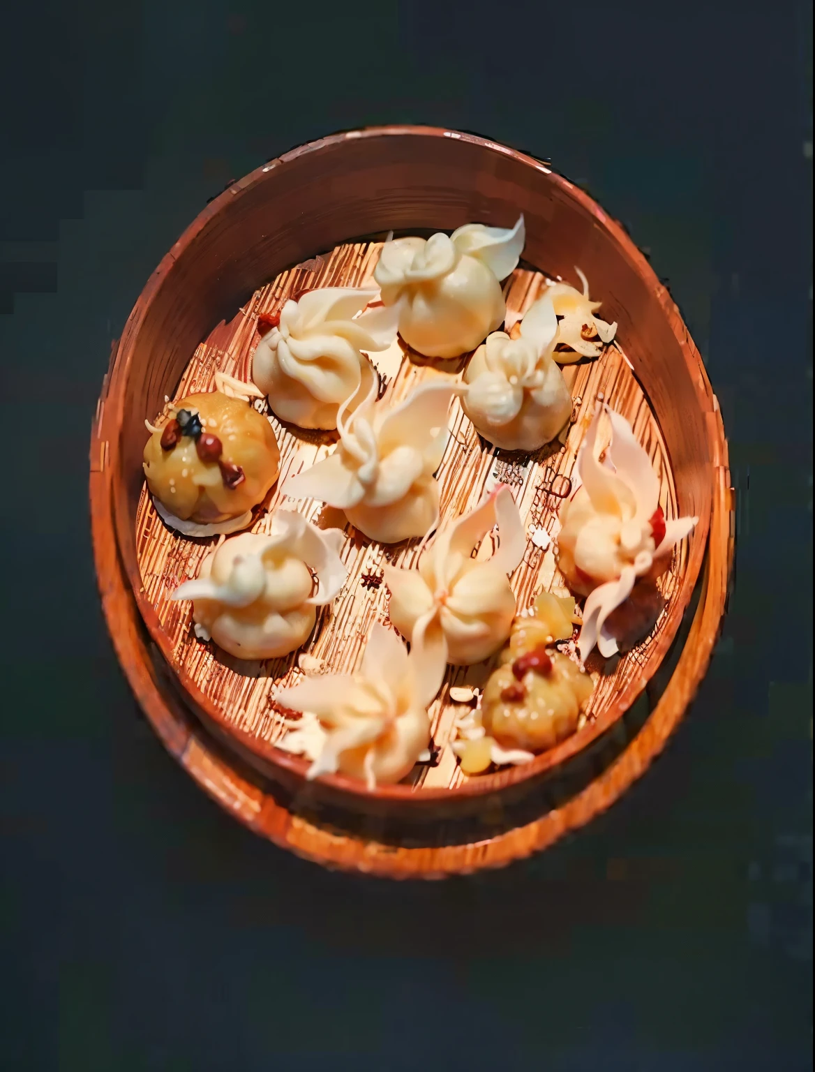 There a wooden bowl on the table,filled with dumplings, plate里的饺子, Chinese, bao pnan, Large tube wood peach style, manjuu, Beijing, daoshu, Um, Sichuan, cover, hua cheng, recipe, qiangshu, plate, daopao, Harbin Medicine, Jozo, you