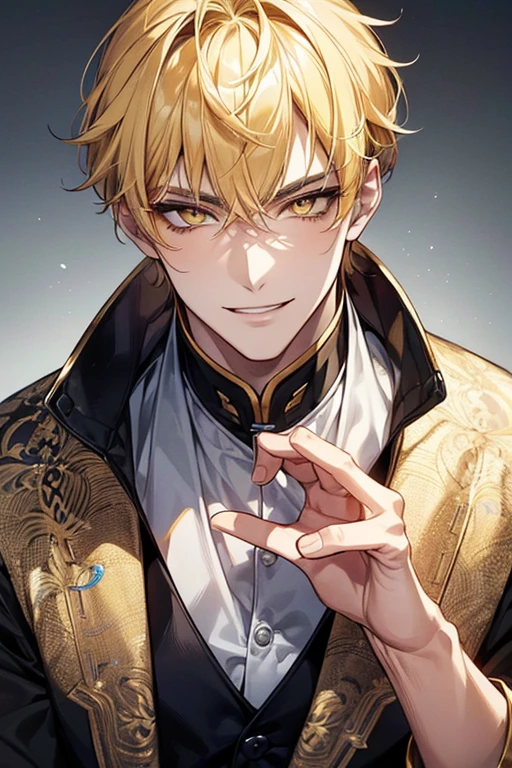 (muste piece), (best quality), extremely detailed, 1 man, solo, perfect face, pretty face, highly detailed face，yellow short hair, yellow eyebrows、Handsome man with expressive eyes, smiling, yellow eyes、Huangze Ryota