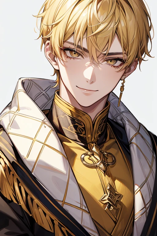 (muste piece), (best quality), extremely detailed, 1 man, solo, perfect face, pretty face, highly detailed face,yellow short hair, yellow eyebrows、Handsome man with expressive eyes, smiling, yellow eyes、Huangze Ryota