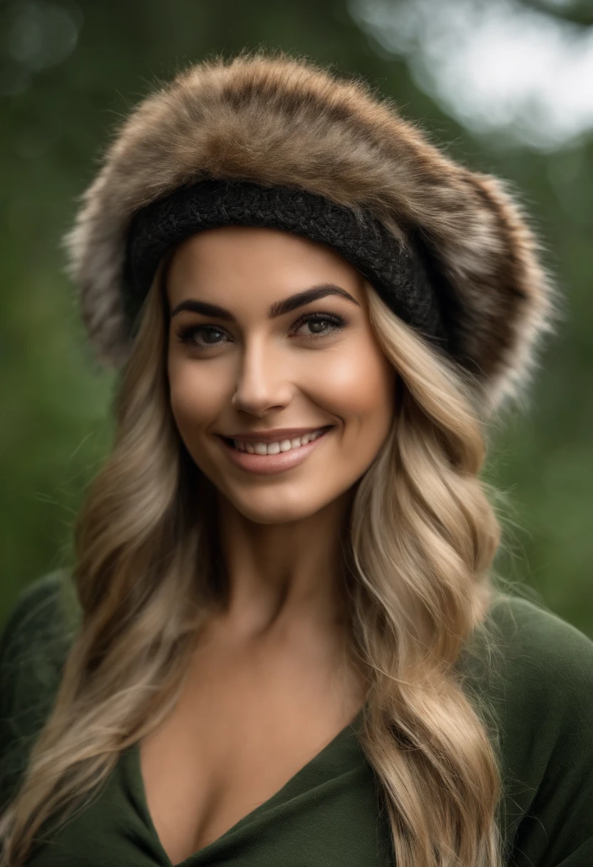 (obra de arte),(melhor qualidade), uma mulher com cabelos longos e ruivos, com algumas pintas no rosto, seu sorriso lindo e leve, lumberjack cap, 8k, super detalhe, preciso, melhor qualidade, Ultra HD, Pele texturizada, roupa de xadrez verde um pouco aberta mostrandoos seios, floresta.