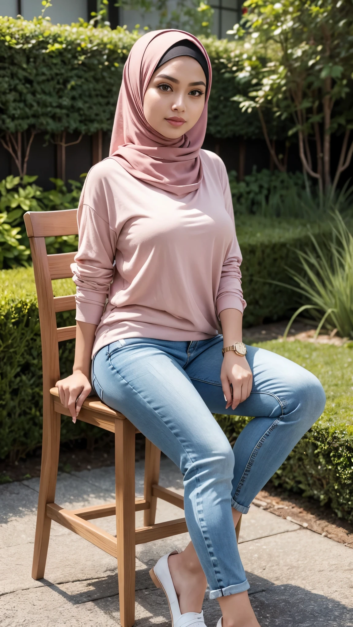 RAW, Best quality, high resolution, masterpiece: 1.3), beautiful Malay woman on hijab (iu:0.8),((big breast)), perfect nose,perfect lips, perfect eyes, detail :1.2),medium breast, wearing hijab standing in front of cafe, full body woman, casual pose, photo of slim girl, full body photogenic photo, with beautiful appearance, full body photo, casual clothing style, female model, beautiful girl, business casual, photo clothing, wear casual clothes, take photos of slim girl models, full body! beautiful face, beautiful woman, soft smile