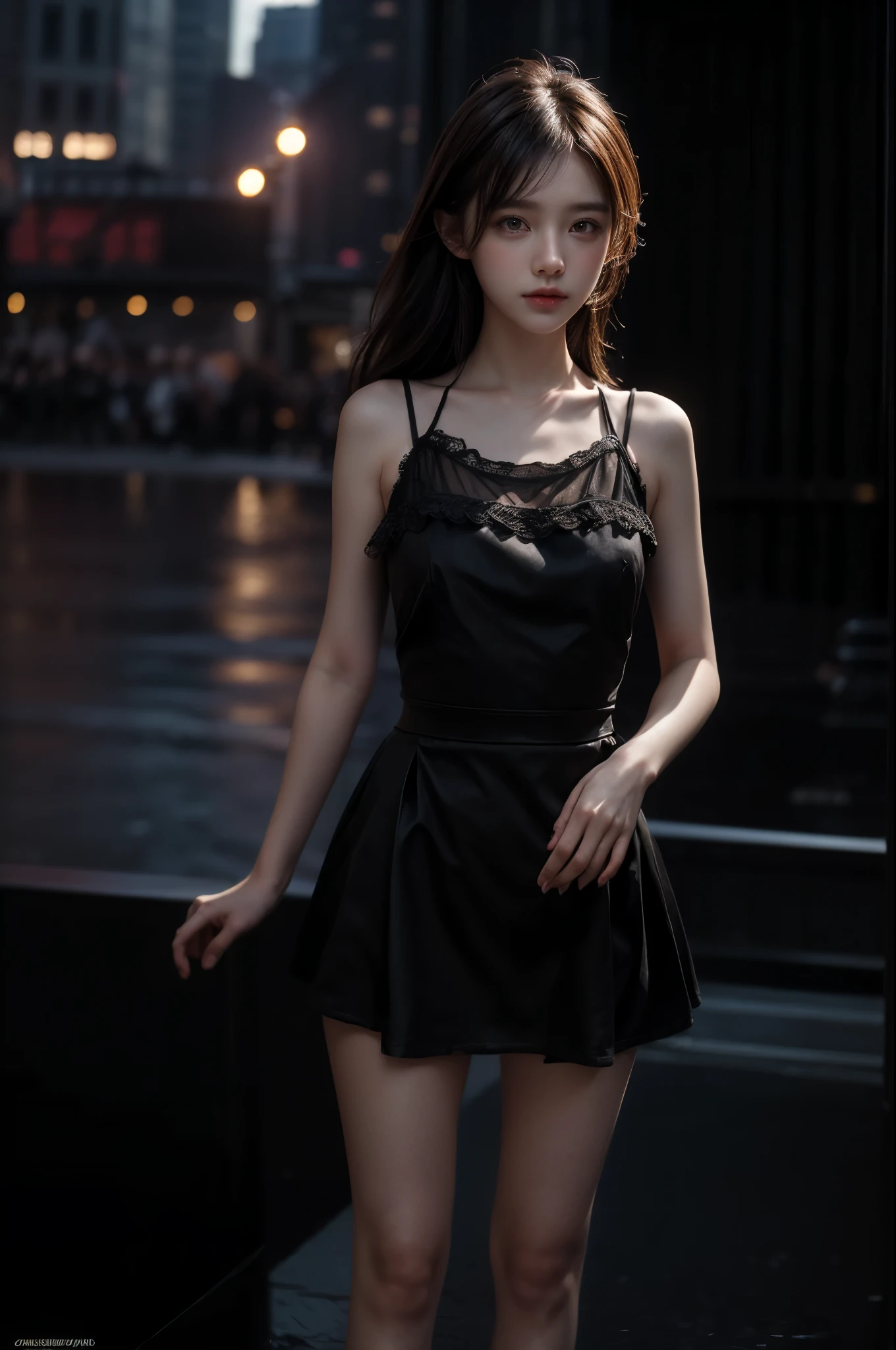 1 girl, (looking at the audience:1.2), Details, (A girl stands, Rendering on CGSociety, Black shades, Streaming, new york backdrop), romantic, Atmospheric, (original photo, best quality), (actual, photo-actual:1.3), masterpiece, extremely delicate and beautiful, Very detailed,