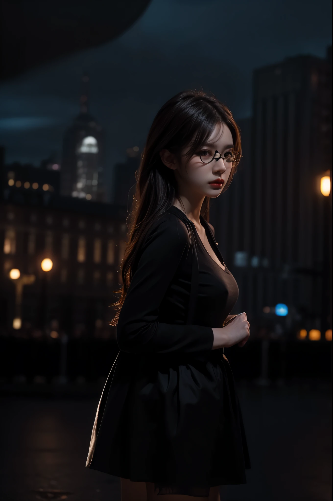 1 girl, (looking at the audience:1.2), Details, (A girl stands, Rendering on CGSociety, Black shades, Streaming, new york backdrop), romantic, Atmospheric, (original photo, best quality), (actual, photo-actual:1.3), masterpiece, extremely delicate and beautiful, Very detailed,