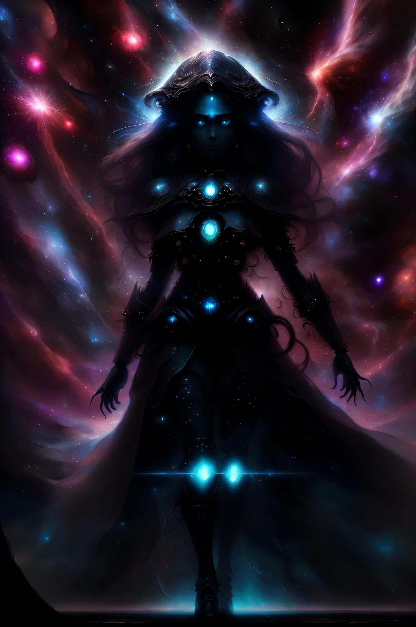"cosmic entity": um ser com quatro olhos brilhantes, multiple arms, A breathtaking view from space reveals a twisted galaxy filled with strange life forms and entities that humans understand. Planet with night sky, fenda, leviathan, 8k, lindo, dramatic scene, buraco negro, void, woman, female