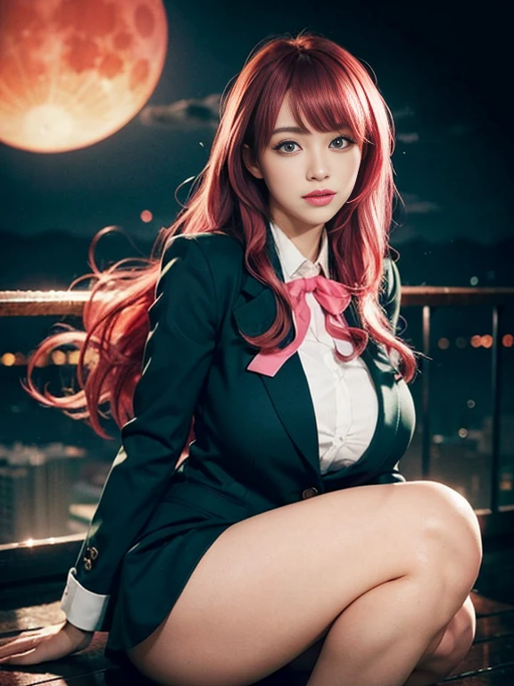 (green eyes:1.5), (beautifully detailed eyes), (realism:1.3),1 girl, sexy smile, (((gigantic tits))),(dark blue blazer school uniform, red big ribbon, (grossly pink hair:1.2), , dreamy night sky and big red moon, Shaggy hair, bangs,(thick thighs:1.2)