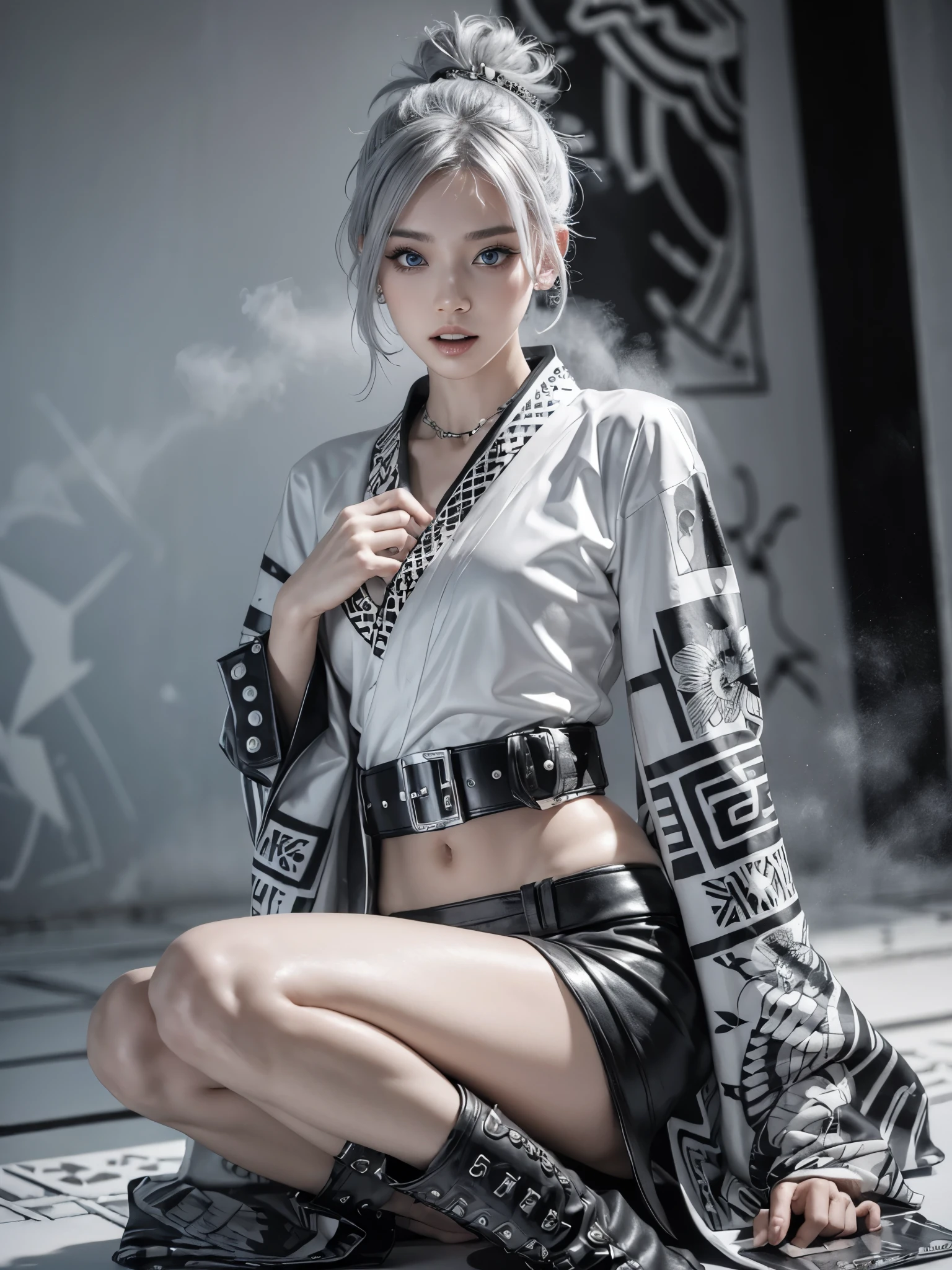  (Realistic:1.3), (official art), (gorgeous, elegant, luxury), (beautiful still life painting art), ultra detailed, beautiful, masterpiece, best quality, 
_
BREAK (1girl:1.2), 22 years old, 160 cm, Japanese cute model, Tightened all body, medium Breasts, small head, small face, diamond Face, small nose, Sharp Faceline, young hands and fingers, beautiful hands and fingers, five fingers, 
_
BREAK (Glossy Lips:1.3), (Light color lips, Half open mouth, beautiful Teeth:1.2), (dropy eyes, Double eyelid, Blue eyes:1.), 
_
BREAK (punk arranged hairstyle:1.3),(hairstyle with complicated decorations:1.3), (gray hair:1.3), 
_
 BREAK (White and black theme:1.3), (futuristic white background), (blurry background, Fog, mist:1.7),
_
BREAK (wide angle:1.7), random pose,
_
BREAK（White and black theme:1.4), (Geometric pattern print:1.4),(fusion of traditional High collar  kimono and punk elements:1.4), (black leather jacket with white silk kimono:1.2), (silver studded details on kimono:1.2), (punk-inspired accessories, black Leather thigh belt:1.4),
_ BREAK
 (punk-style boots:1.2),
_ BREAK
(Cityscape background:1.2), (White and black graffiti-covered walls:1.4),
_ BREAK
(Confident sitting pose:1.2), 