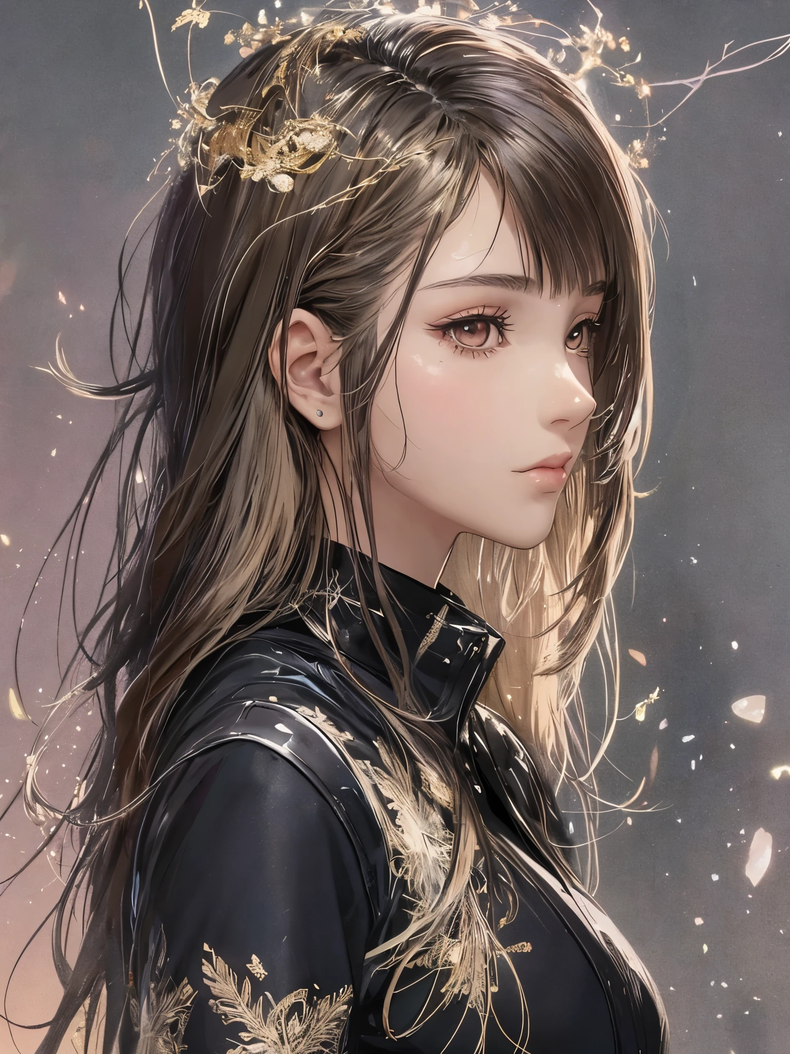 French-German woman wearing black shirt and black jacket, portrait of sophie mudd, photo of a young woman, Inspired by Tessa Thompson, Plus professional makeup, luminescent, Profile picture, face with full makeup, Delicate and flawless face, Sultry look, Perfectly illuminated face, 头像Profile picture, light skin, ayahuasca, brown skin