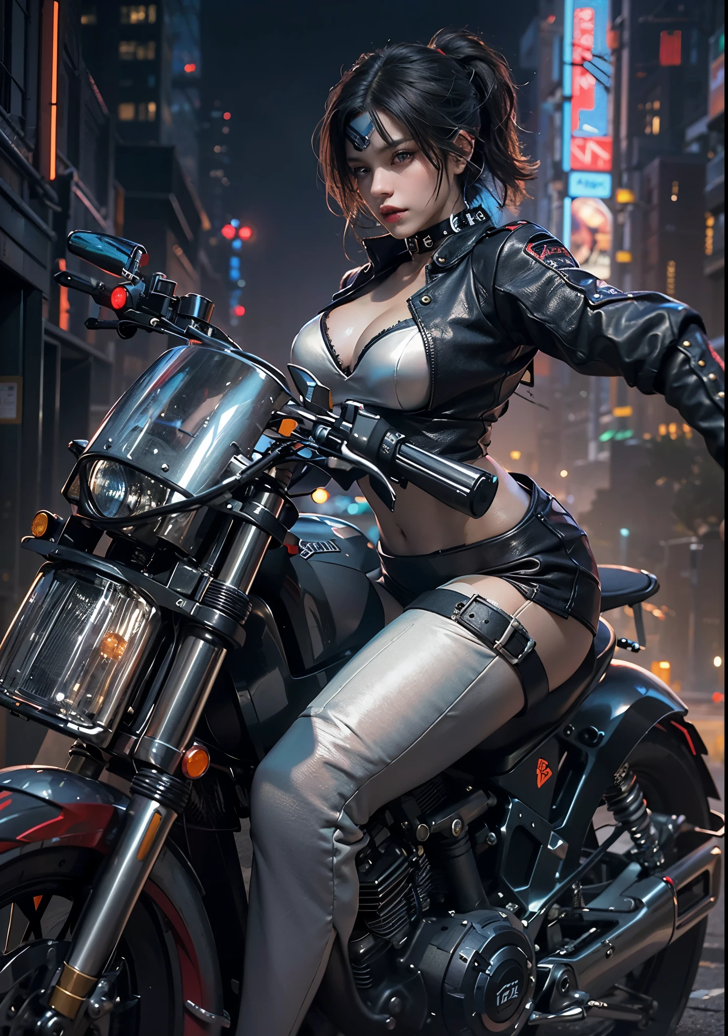 Huntress riding a high-tech motorcycle, Shoot high-tech artillery, Sparks from the gun, (1 female, brown eyes, white skin, Twin-tailed black hair, choker, small , skinny, lip whole, compensate, eyeliner, Russia), Wearing black one-piece leather armor, Long leather gloves, long Leather boots, In a cyberpunk town at night,  (cyberpunk theme), (masterpiece, highest quality, 8K, sharp focus, Depth of bounds written, best shadows, perfect light, HDR, realistic skin texture, Ultra-detailed and detailed background), wide shot