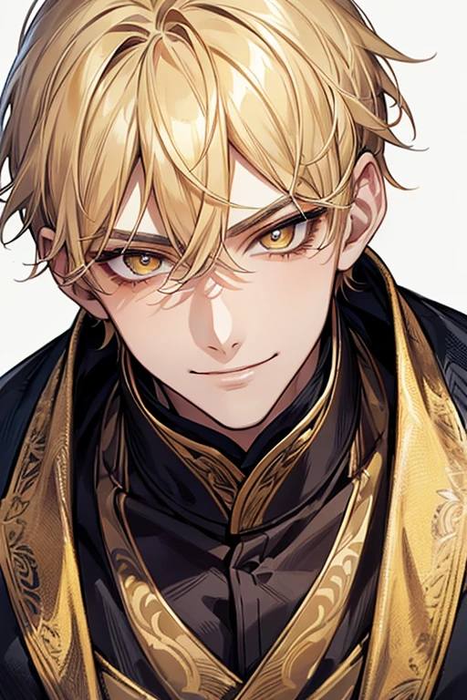 (muste piece), (best quality), extremely detailed, 1 man, solo, perfect face, pretty face, highly detailed face，yellow short hair, yellow eyebrows、Handsome man with expressive eyes, smiling, yellow eyes、Huangze Ryota