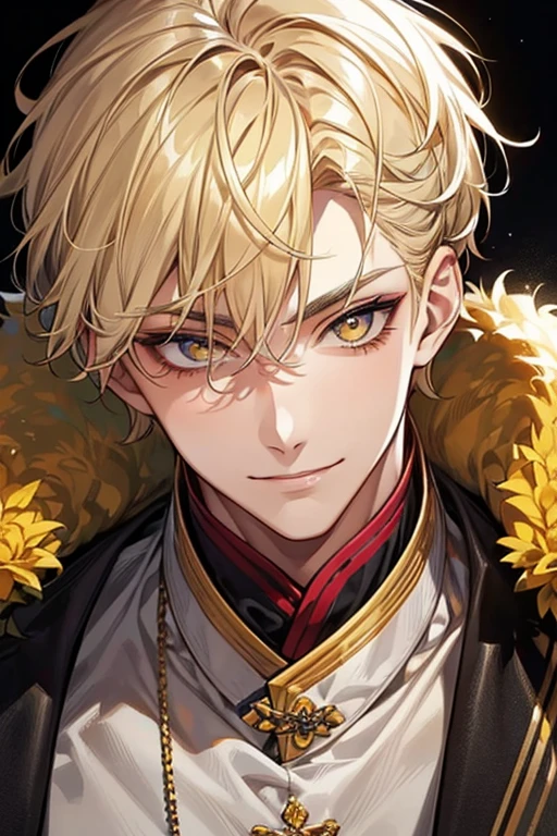 (muste piece), (best quality), extremely detailed, 1 man, solo, perfect face, pretty face, highly detailed face,yellow short hair, yellow eyebrows、Handsome man with expressive eyes, smiling, yellow eyes、Huangze Ryota