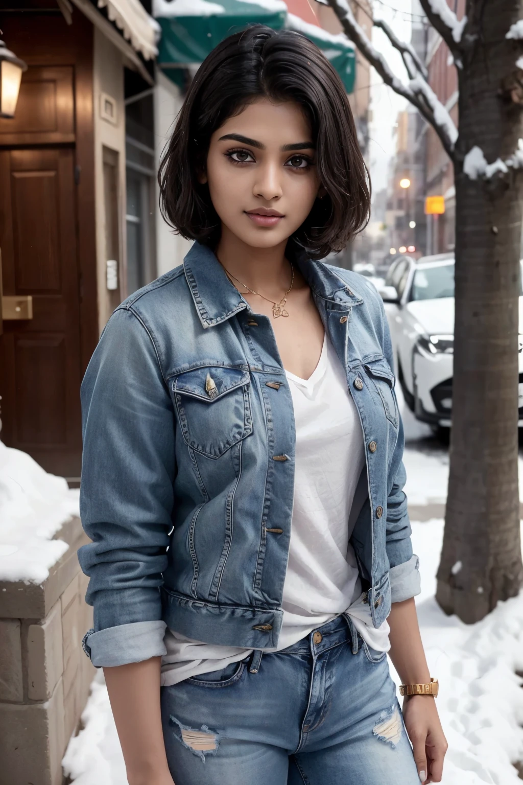 Young 24 year old Indian girl, posing in a photo shoot for an ad like a fashion model, wearing jacket and jeans, detailed body, detailed face, ultra realistic, charming, cute, big hazel eyes with short hair, ambient lighting, winter, detailed background, 8k