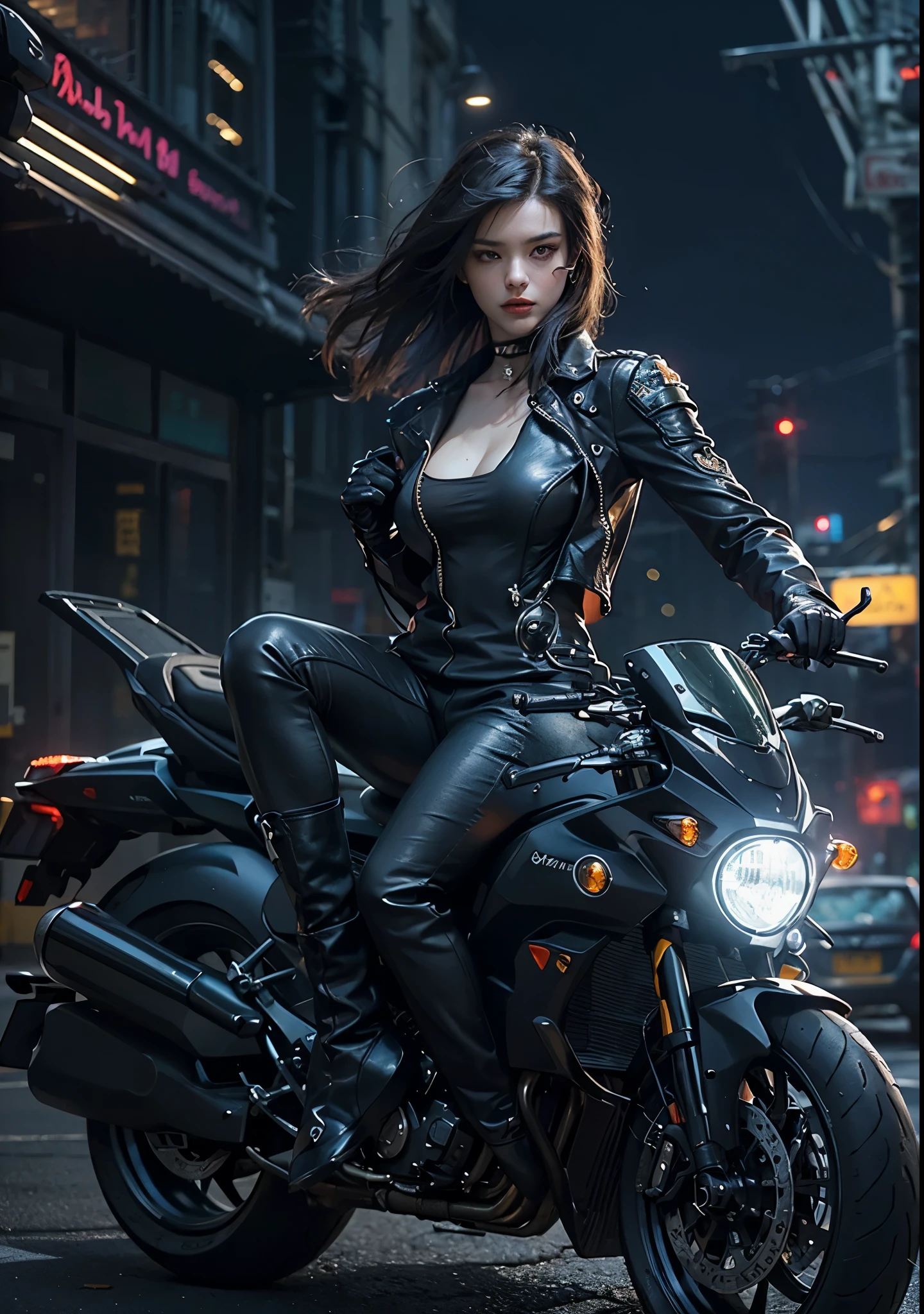 Huntress riding a high-tech motorcycle, Shoot high-tech artillery, Sparks from the gun, (1 female, brown eyes, white skin, Twin-tailed black hair, choker, small breasts, skinny, lip whole, compensate, eyeliner, Russia), Wearing black one-piece leather armor, Long leather gloves, long Leather boots, In a cyberpunk town at night, (cyberpunk theme), (masterpiece, highest quality, 8K, sharp focus, Depth of bounds written, best shadows, perfect light, HDR, realistic skin texture, Ultra-detailed and detailed background), wide shot