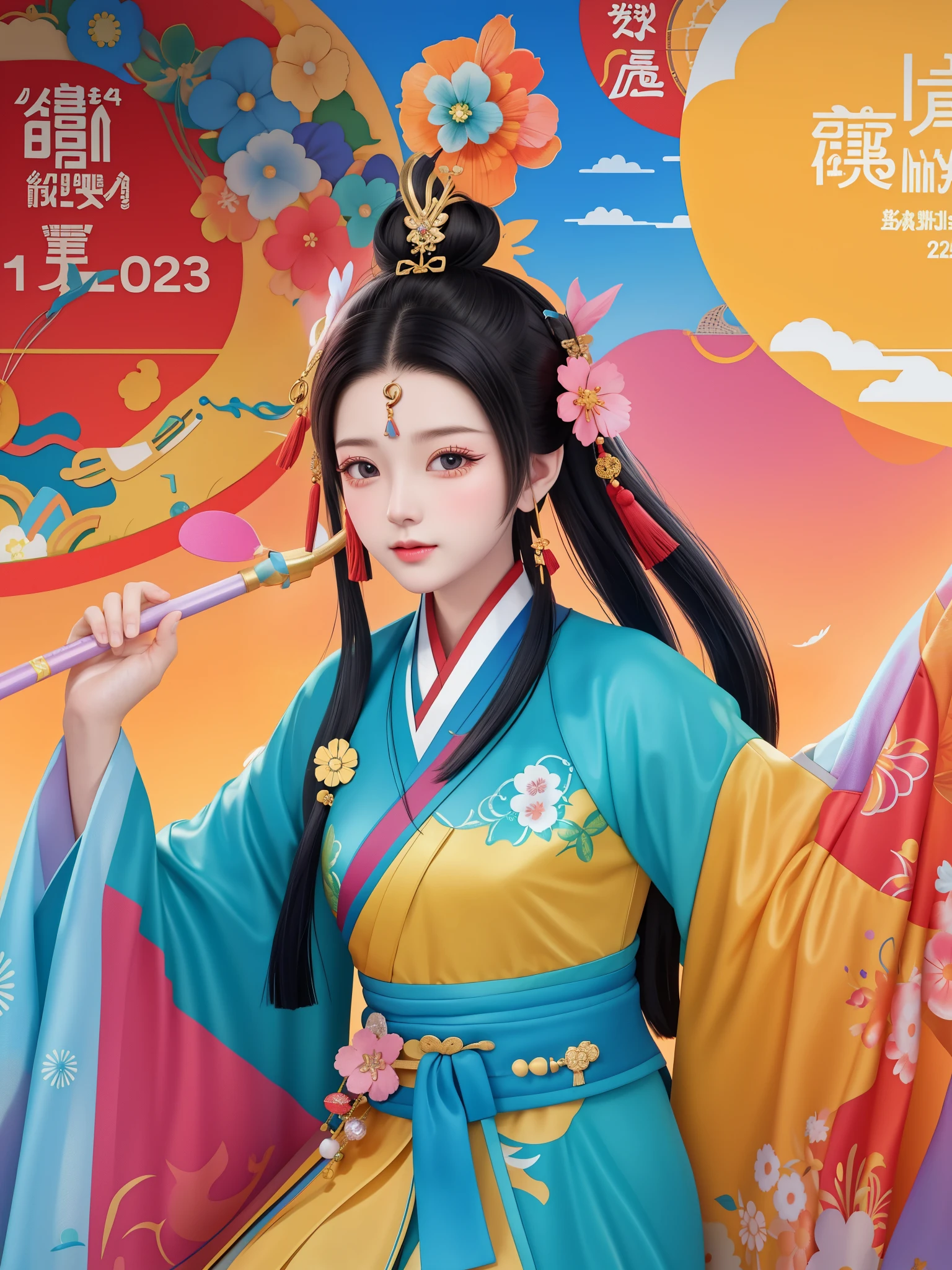 Close up of colorful new year sign with numbers, Posters inspired by Zhang Xiaogang, Douban, happening, 2447, 2024, 2 0 2 4, 2049, Year 2 0 4 0, year 2134, 2045, About 2994