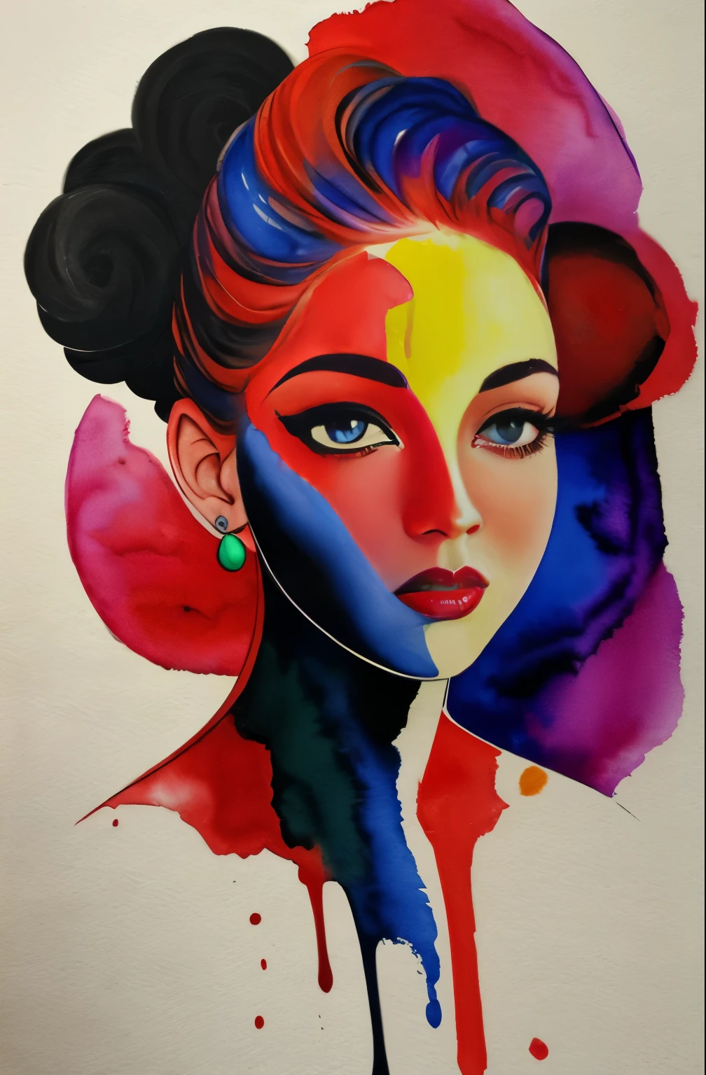 A painting of a woman with a red and black face, Sylvia Pelissero watercolors, tumbler, abstract art, Intense watercolor painting, watercolor detailed art, watercolor splash, surreal, Avant-garde pop art, Beautiful and expressive painting, Beautiful artwork illustration, very colorful tones, Fantastic, cool beauty, highest quality,official art, women only, sharp outline, best shot