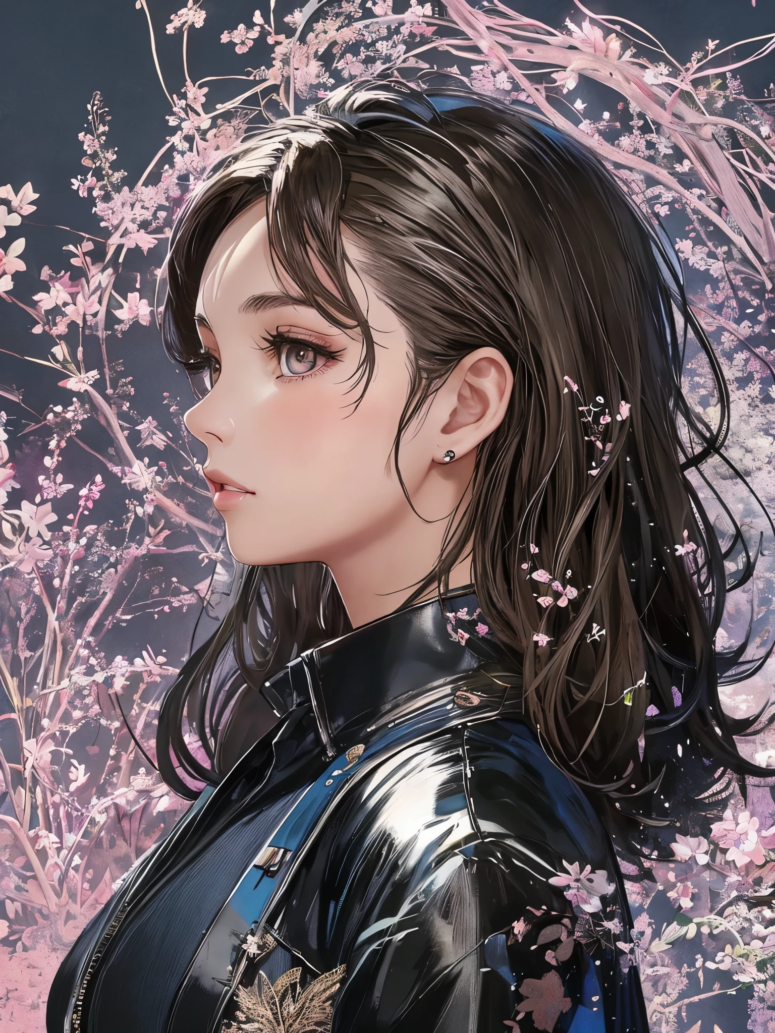 French-German woman wearing black shirt and black jacket, portrait of sophie mudd, photo of a young woman, Inspired by Tessa Thompson, Plus professional makeup, luminescent, Profile picture, face with full makeup, Delicate and flawless face, Sultry look, Perfectly illuminated face, 头像Profile picture, light skin, ayahuasca, brown skin