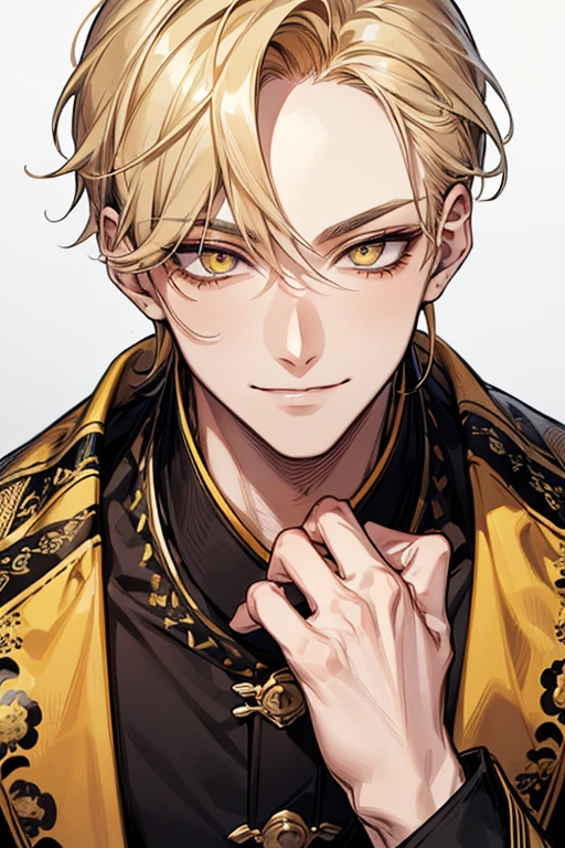 (muste piece), (best quality), extremely detailed, 1 man, solo, perfect face, pretty face, highly detailed face,yellow short hair, yellow eyebrows、Handsome man with expressive eyes, smiling, yellow eyes、Huangze Ryota