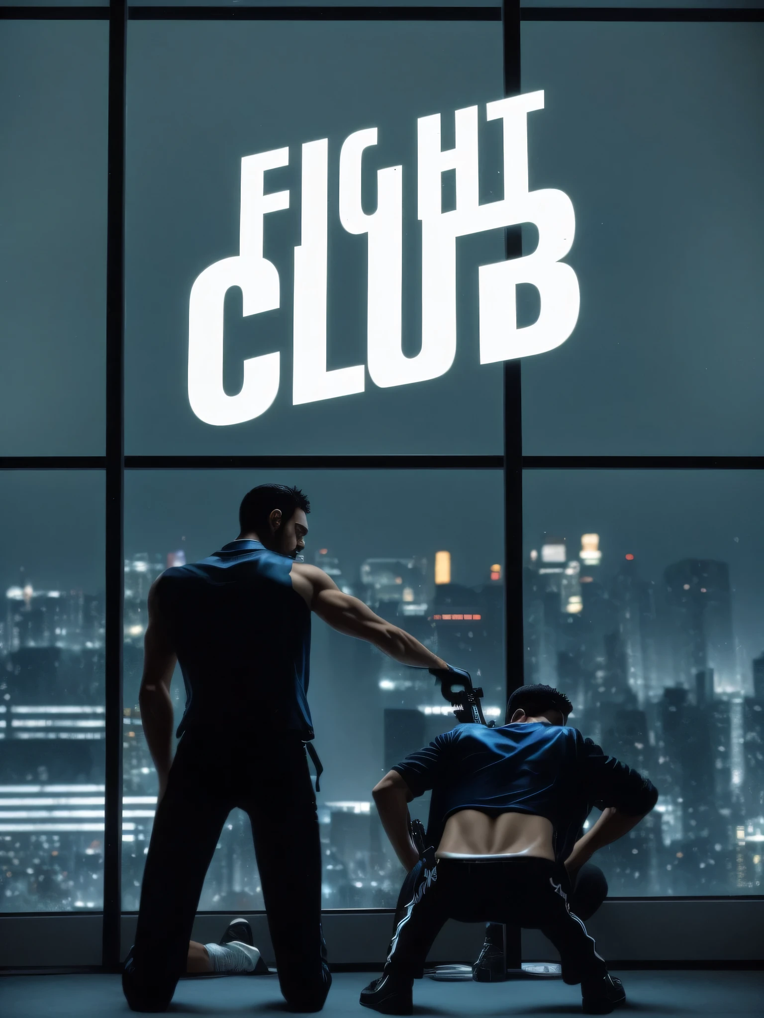 faaris azura front of a window, fight club, scene from fightclub movie, chillin at the club together, club, faaris azura, faaris azura as tyler durden, faaris azura with a gun, gun in hand