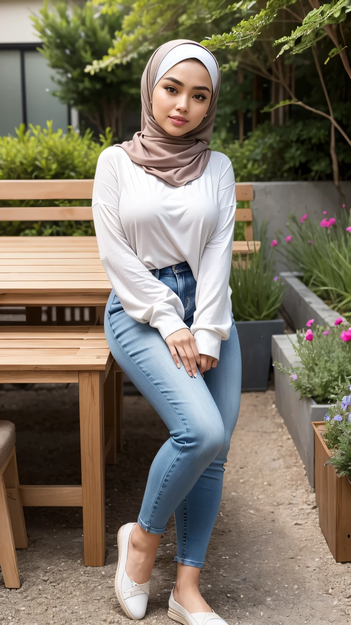 ( Close Up),RAW, Best quality, high resolution, masterpiece: 1.3), beautiful Malay woman in hijab,Masterpiece, perfect fit body, big breast,big gorgeous eyes, Soft smile,beutiful face,thick thighs, a woman standing in garden with a table and chairs, full body picture, casual pose, wearing casual clothing, wearing casual clothes, casual modern clothing, casually dressed, casual clothing style, casual, modern casual clothing, outfit photo, wearing floral dress ,wearing jeans, women full body, wearing elegant casual clothes,  clothes, full body in frame , Excellent lighting, Bright colors, Clean lines,
