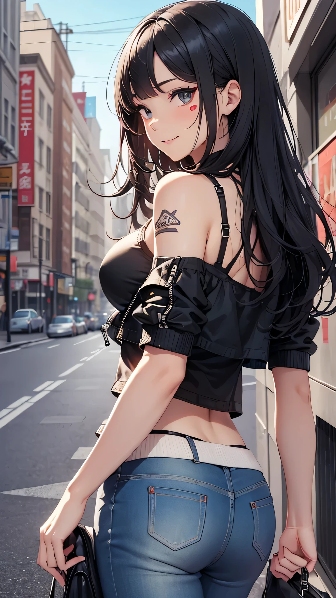 最high quality、best image quality、masterpiece、teenage girl((18-year-old、 by becoming、vest bust、medium bust,wide open breast tea、black eye, black hair、long hair、thin,highest valley、cute makeup、punk clothing、best smile、Red Face Paint、distressed jeans、distressed jacket、black sports bra、Rear view、turn around、walk)),high quality、beautiful art、background((virtual hotel)),pieces fly、Depth of written boundary、movie、visual art、perfect art、
