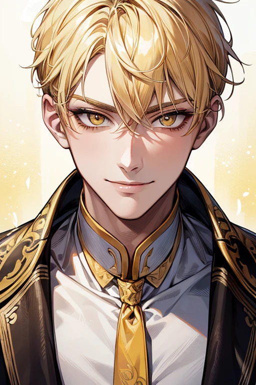 (muste piece), (best quality), extremely detailed, 1 man, solo, perfect face, pretty face, highly detailed face,yellow short hair, yellow eyebrows、Handsome man with expressive eyes, smiling, yellow eyes、Huangze Ryota