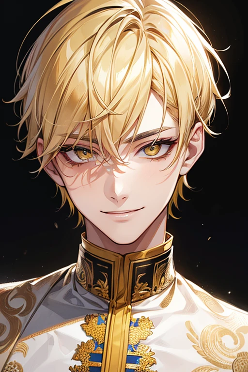 (muste piece), (best quality), extremely detailed, 1 man, solo, perfect face, pretty face, highly detailed face，yellow short hair, yellow eyebrows、Handsome man with expressive eyes, smiling, yellow eyes、Huangze Ryota