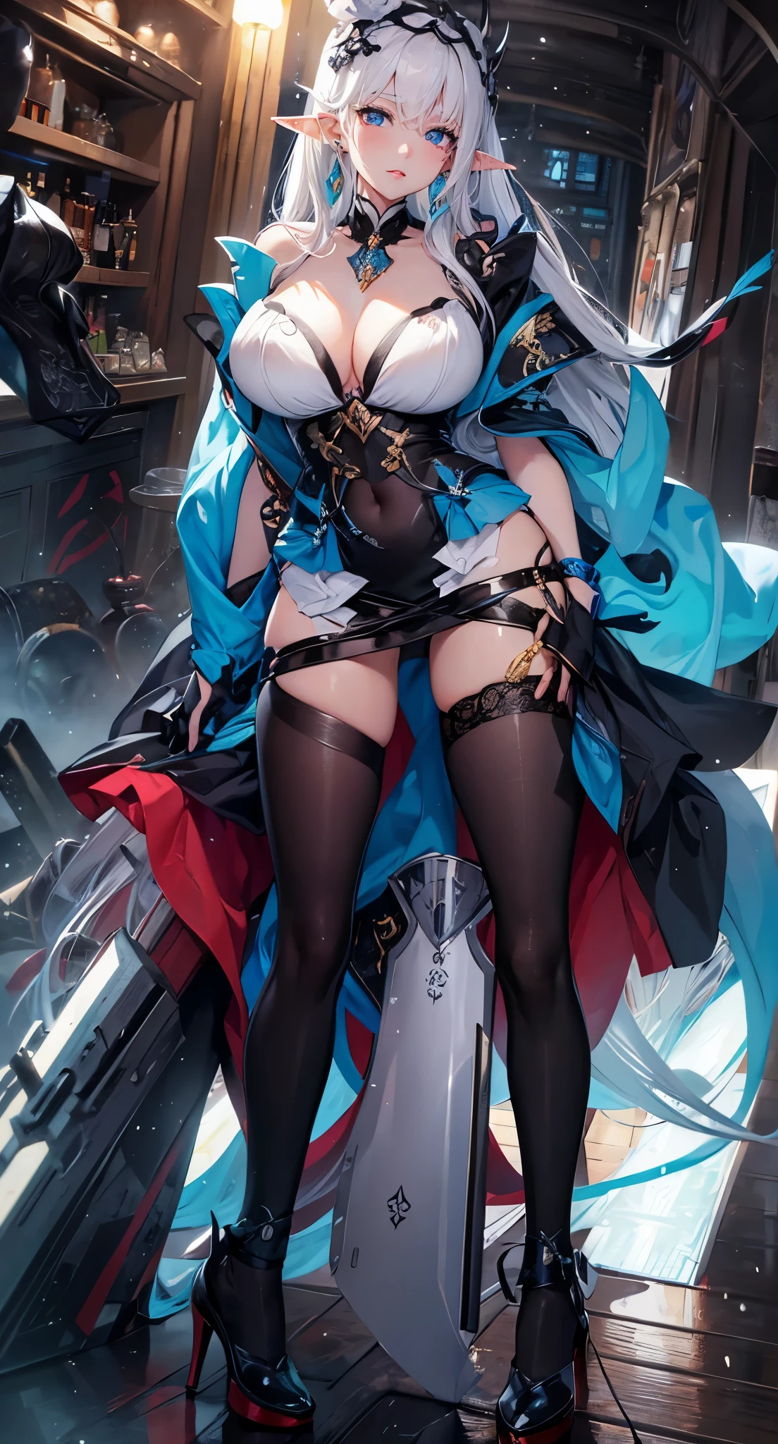 (white hair ),白色long hair,close up,dream world,Elf mature, 银白色long hair,long hair,tear nevus,earrings,(lipstick,earrings),necklace,a pair of bracelets,Sling blue hip skirt,humanoid, paris bar background, her skin white, fair complexion,blue eyes,白色long hair, Two long black stocking legs,High heel,black legs,,tattoo