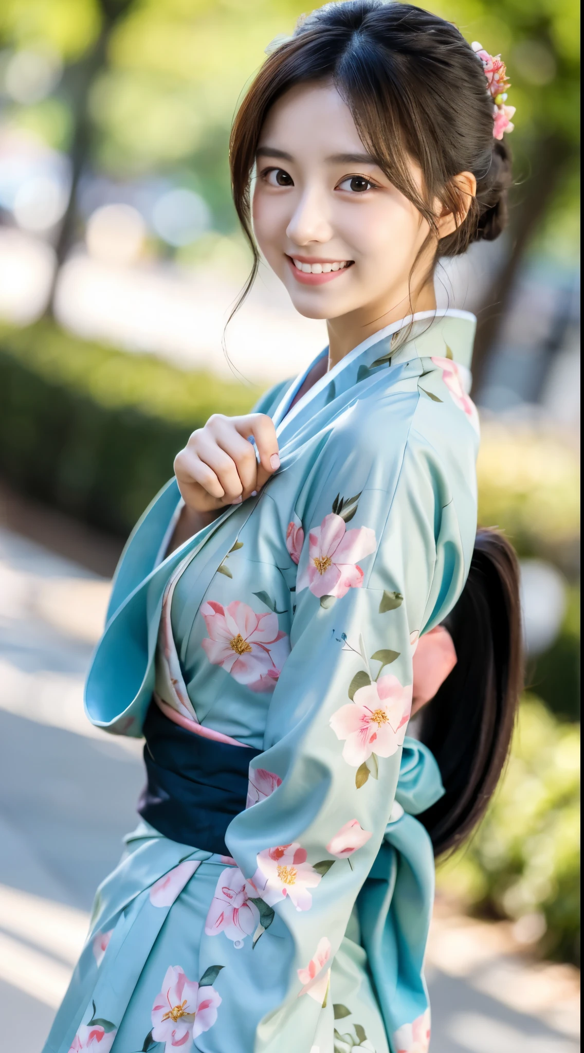 ulzzang-6500-V1.1, (Raw photo:1.2), (photorealistic), beautiful detailed girl, ( real: 1.4), very detailedな目と顔, beautiful detailed eyes, (Japanese pattern kimono,floral scrunchie)、 (very affectionate smile:1.2)、huge file size, High resolution, very detailed, highest quality, [masterpiece:1.6], An illustration, very detailed, ticker, fine details, highest quality, 8K wallpaper, movie lighting, 1 girl, , perfect body shape, cute droopy eyes beautiful big eyes、Pieck finger, ((muste piece)), best quality, 1 girl, eye shadow, upper body whole body, People photography, ((full body shot:1.1))、