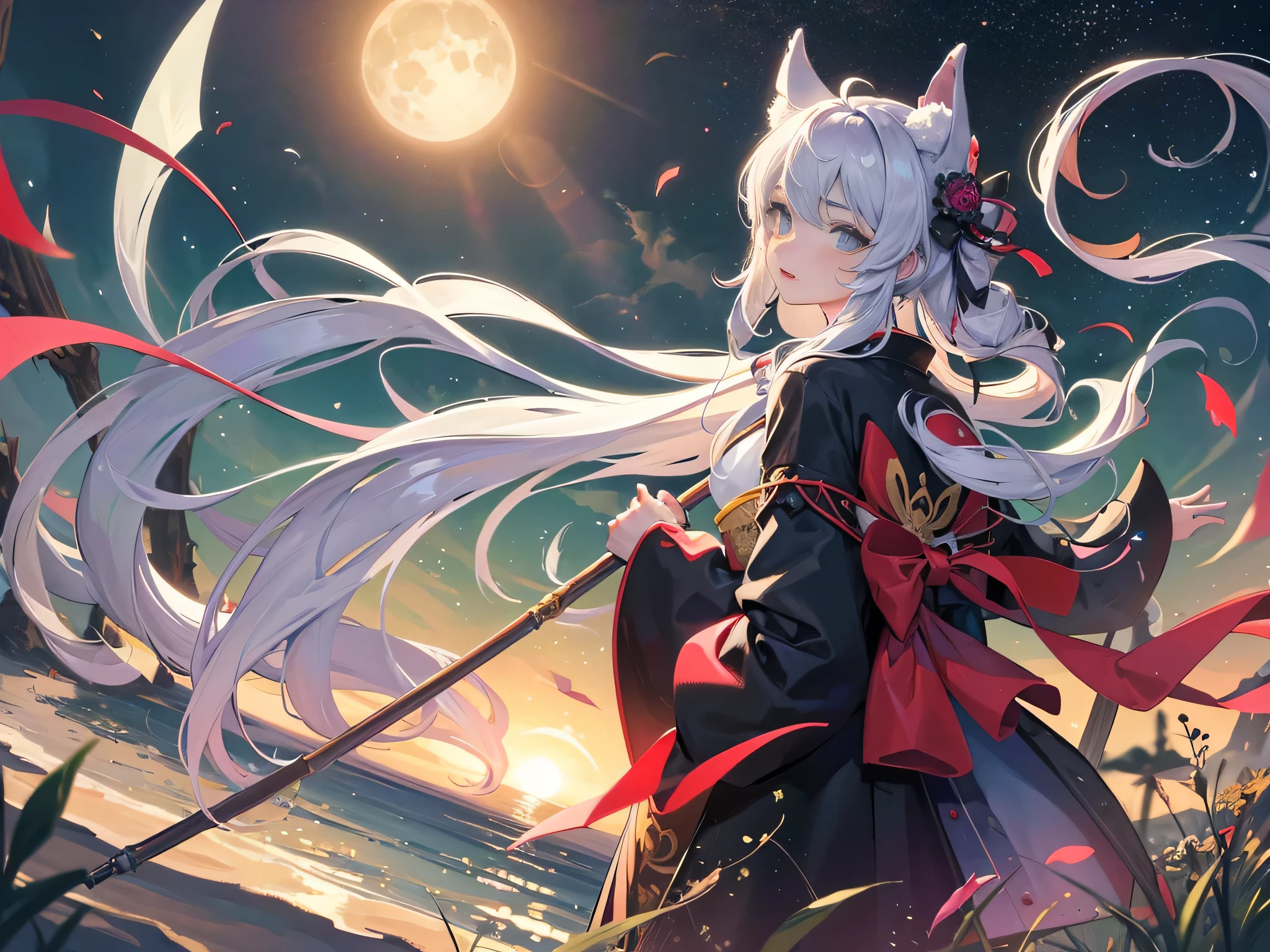 (Masterpiece, Top Quality, Best Quality, Official Art, Beautiful and Aesthetic, uth: 1.5), a very beautiful 1 yoman in a kimono looking up at the moon. A man with silver hair, blue eyes and a dark kimono, holding a lantern in his hands, has fox ears and multiple fluffy tails on his back. Masterpiece background, midnight, moonlight, in the forest, firefly light, wide angle, detailed drawing. 8K wallpapers. High resolution.