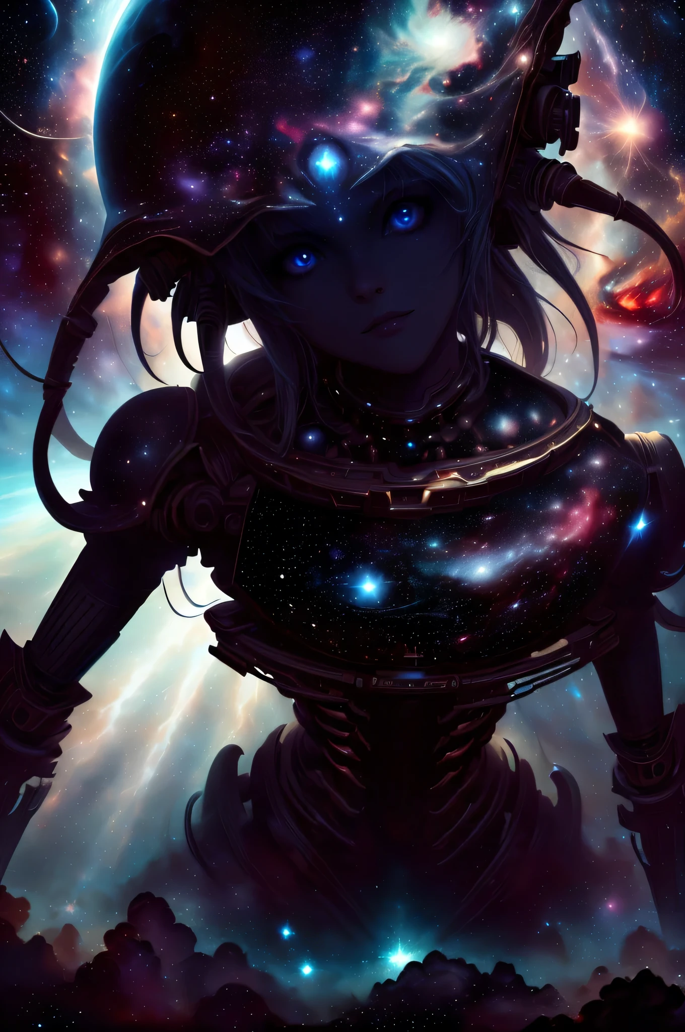 (photorealistic, full body view, 1girl, solo:1.2), breathtaking masterpiece, best quality, highest quality, highly detailed, award winning 8K digital painting of an ethereal and (incredibly beautiful girl, very beautiful face:1.6), 8k, ultra highres, absurdres, highres, digital drawing, very detailed, intricate, dramatic lighting, (crepuscular rays:1.2) ADDBASE baroqueai, beautiful face, beautiful eyes, blue eyes, captivating eyes, cleavage, elegant hands, heaven, planet in background, (bright background:1.4), (rim lighting:1.2) ADDROW (eldritchtech, cosmic, dark energy:1.6), aesthetic, (glowing parts:1.4), mechanical arms, mechanical legs, stars and galaxy in background