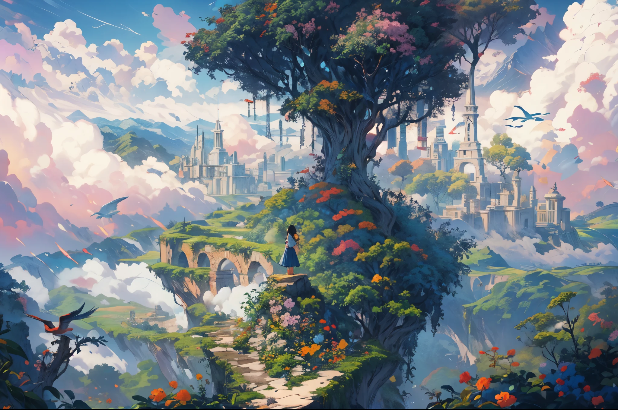 octane render,8K resolution concept art, realism,by Mappa studios,masterpiece,best quality,official art,illustration,ligne claire,(cool_color),perfect composition,absurdres, fantasy,focused,(in the air),(above the cloud:1.4),(finely detailed ancient lost_city:1.3),(lost_city towering above the clouds:1.2),epic,(focus_girl:1.4),(girl in city peak of Broken bridge), sitting on the verge of that bridge looking at the far horizons,rule of thirds,anime_face,fine-tuning face, detailed eyes,cute face,black hair, finely detailed fantasy traveler clothes,calm expression ,overhead_viewer,wind blow at viewer,fantastic plant,book,(Giant World Tree),motion,(depth_of_field), extension image, front view , dreamy colorful cloud