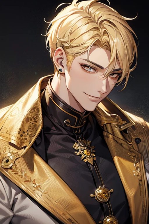 (muste piece), (best quality), extremely detailed, 1 man, solo, perfect face, pretty face, highly detailed face，yellow short hair, yellow eyebrows、Handsome man with expressive eyes, smiling, yellow eyes、Huangze Ryota、profile、Left ear piercing