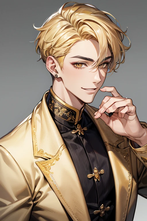 (muste piece), (best quality), extremely detailed, 1 man, solo, perfect face, pretty face, highly detailed face，yellow short hair, yellow eyebrows、Handsome man with expressive eyes, smiling, yellow eyes、Huangze Ryota、profile、Left ear piercing
