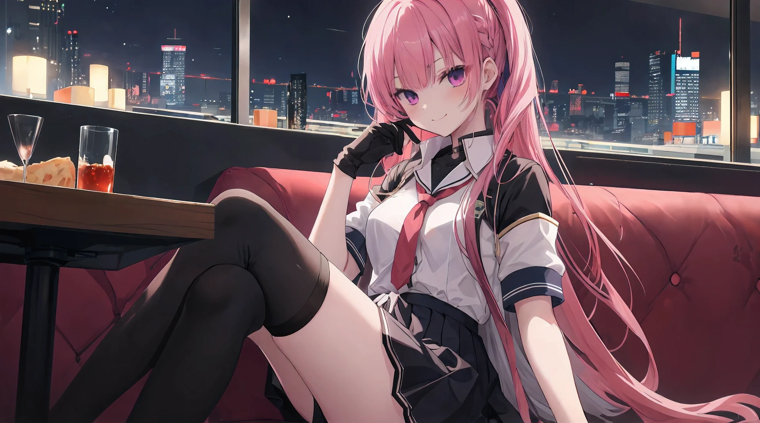 a girl，alone，long pink hair，Moderate，Smile，medium long hair，messy hair，short sleeves，short sleeves游戏服，black skirt，black gloves，cyberpunk character,night, night city background，digital punk, anime style 4k, Sitting on the sofa，indoors，in restaurant，Black stockings Ayase Ayase、character-centered