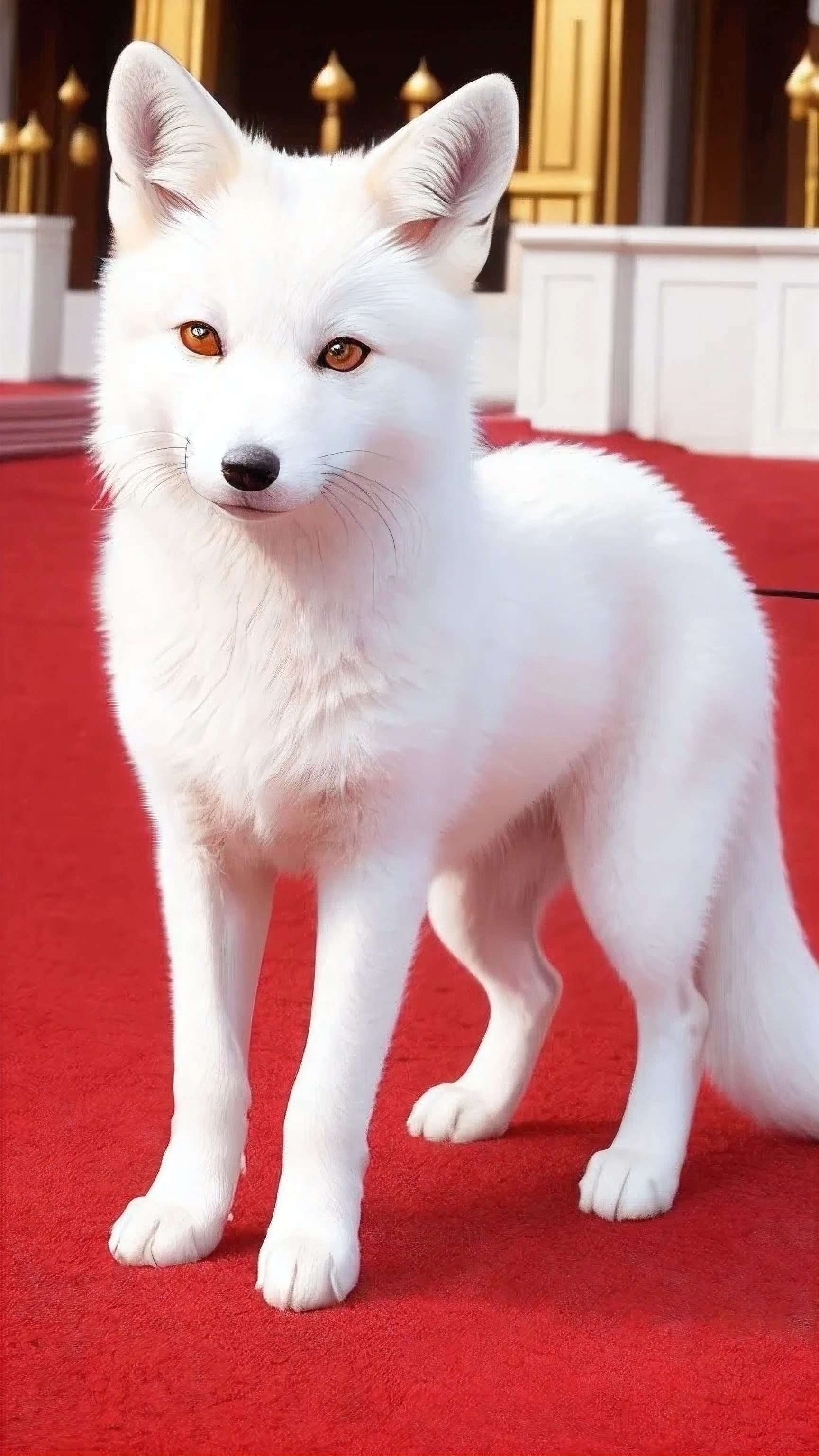 masterpiece, highest quality, Front view, crawl on all fours, 8K, 4K, head shot, golden color background, temple, pure white fox, one white fox, Mr. Inari, Red front cover, On the red carpet, Front viewing, head shot, look at me,