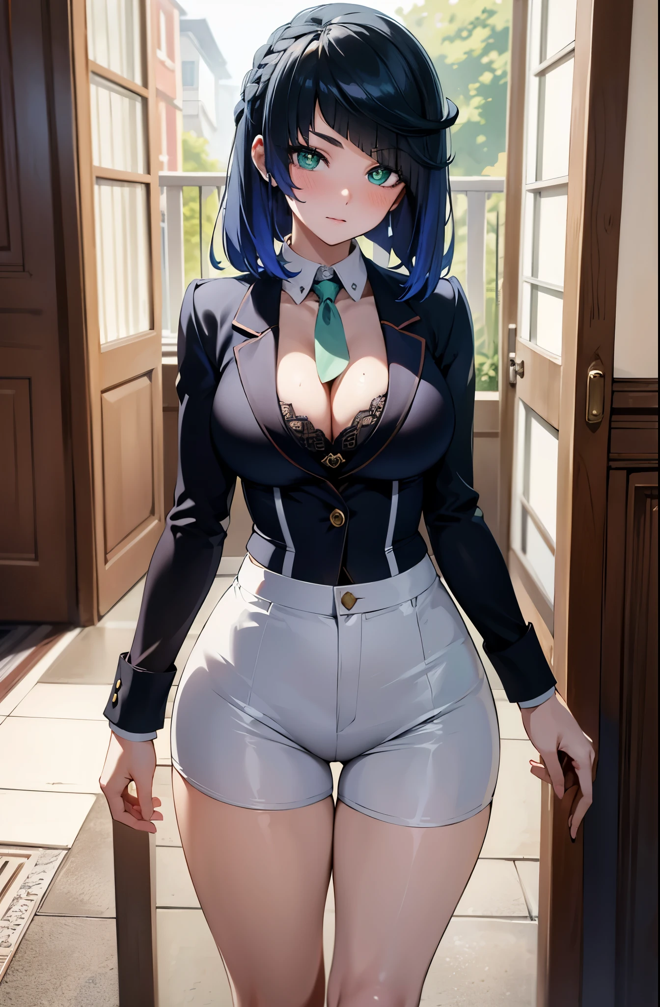 perfect body, sensual cleavage, medium breasts, feminine suit and tie, wearing tight white shorts, Ultra HD, 4k image, best image quality, (fidelity: 1.4), proportional hands, correct hands, perfect hands, photoreal, light green eyes , eyelashes, beautiful pupil, shadows, light blush, delicate facial features, reasonable facial features, exposed waist, natural poses