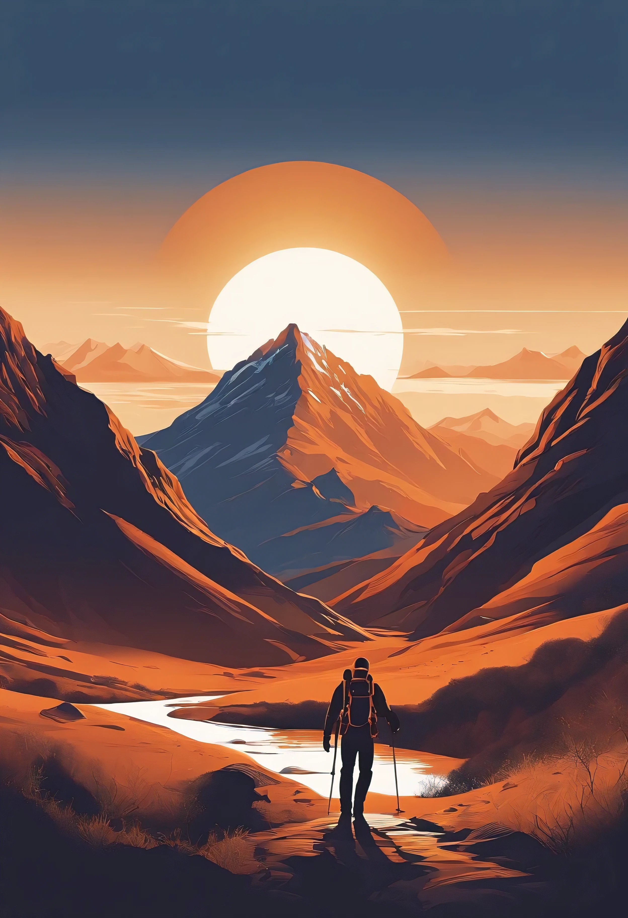 adventure scene with explorer, with beautiful nocturnal sun and mountain in the background, clean white background, professional vector, full shot, 8K resolution, deep impression illustration.deep change.sun change