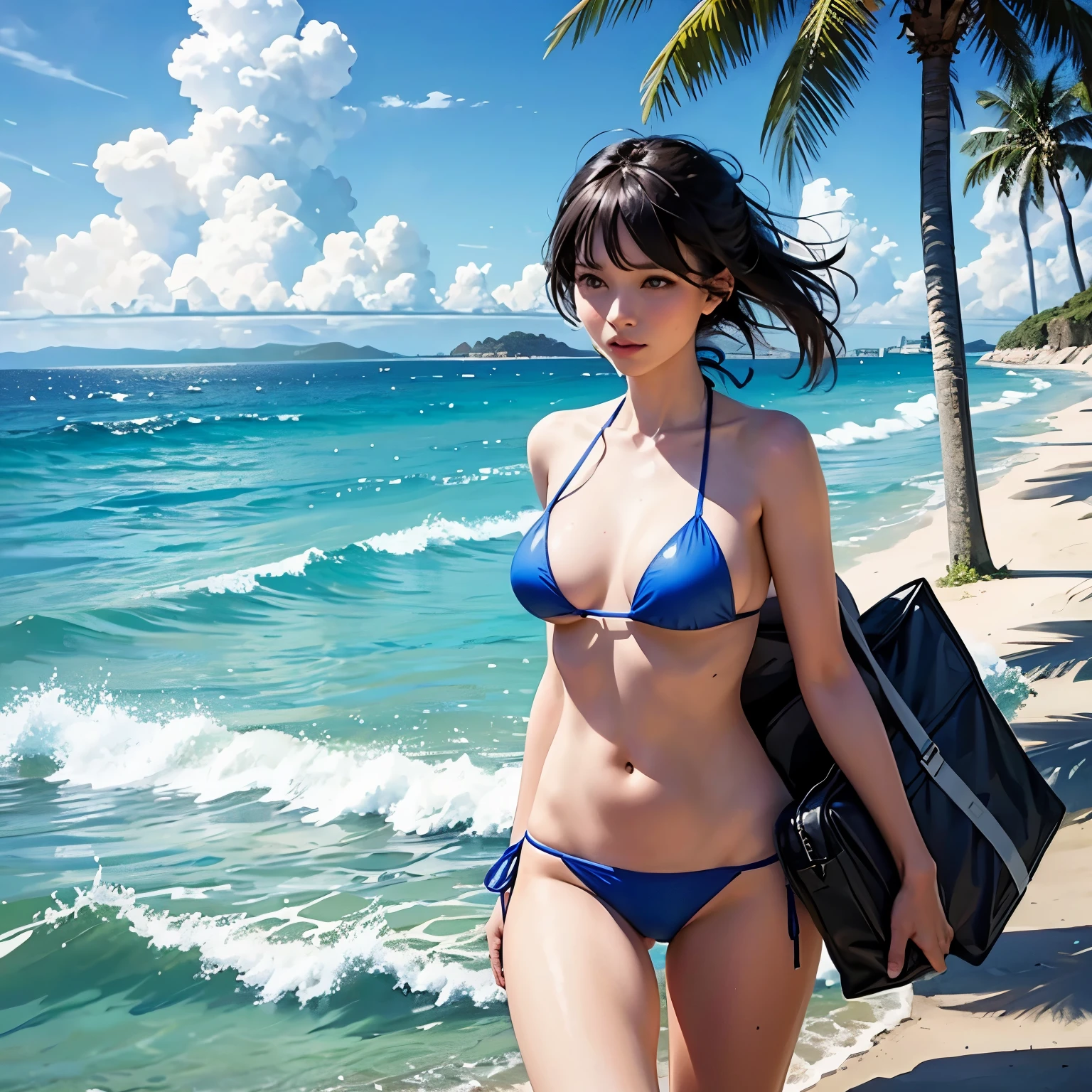 draw one,wearing bikini,Walking by the sea