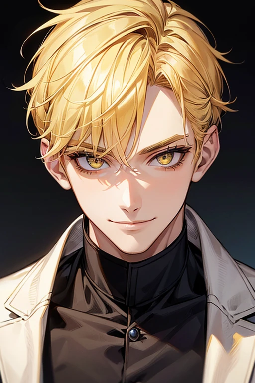 (muste piece), (best quality), extremely detailed, 1 man, solo, perfect face, pretty face, highly detailed face，yellow short hair, yellow eyebrows、Handsome man with expressive eyes, smiling, yellow eyes、