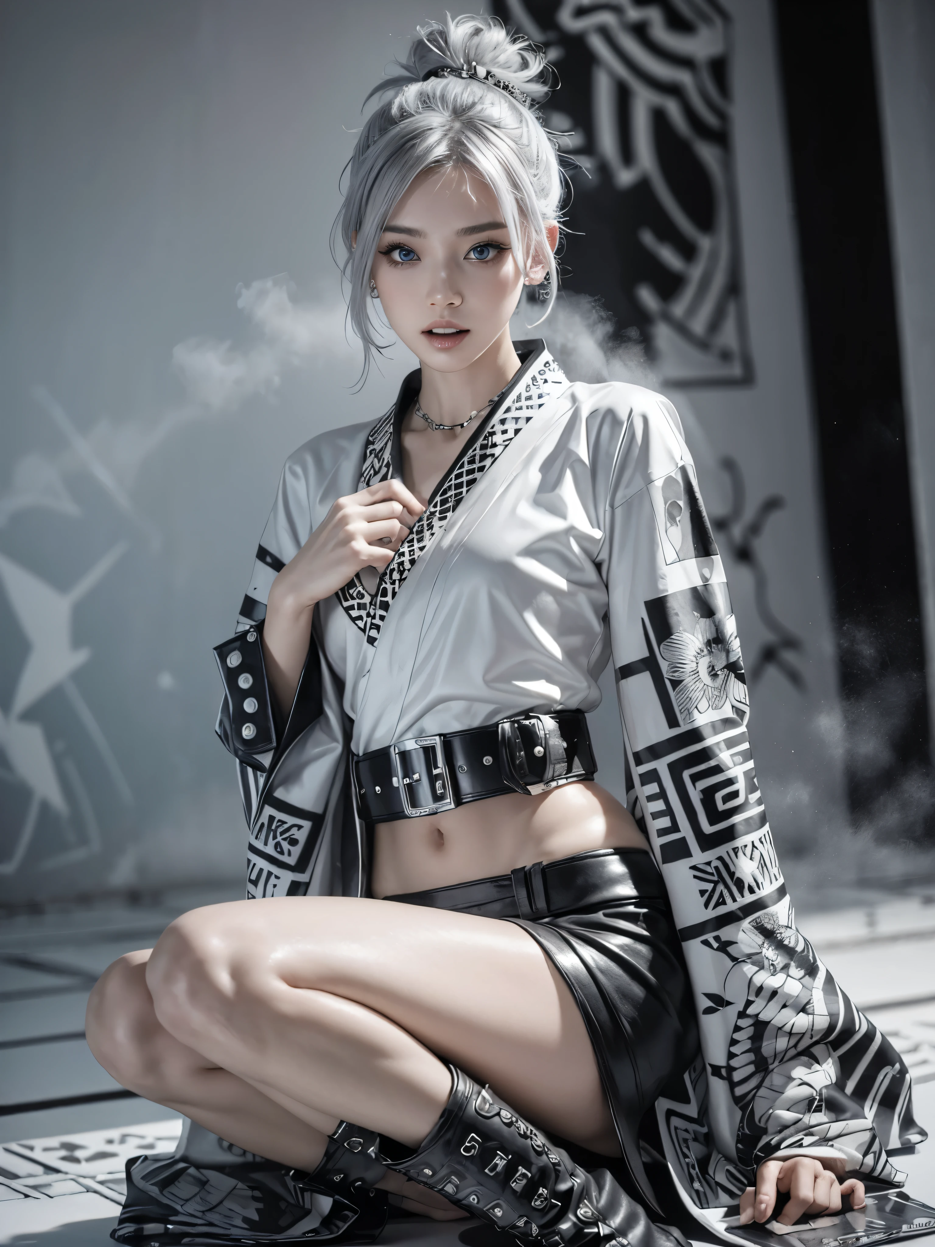 (Realistic:1.3), (official art), (gorgeous, elegant, luxury), (beautiful still life painting art), ultra detailed, beautiful, masterpiece, best quality,
_
BREAK (1girl:1.2), 22 years old, 160 cm, Japanese cute model, Tightened all body, medium Breasts, small head, small face, diamond Face, small nose, Sharp Faceline, young hands and fingers, beautiful hands and fingers, five fingers,
_
BREAK (Glossy Lips:1.3), (Light color lips, Half open mouth, beautiful Teeth:1.2), (dropy eyes, Double eyelid, Blue eyes:1.),
_
BREAK (punk arranged hairstyle:1.3),(hairstyle with complicated decorations:1.3), (gray hair:1.3),
_
BREAK (White and black theme:1.3), (futuristic white background), (blurry background, Fog, mist:1.7),
_
BREAK (wide angle:1.7), (standing:1.6), (sexy Gravure pose:1.6),
_
BREAK(White and black theme:1.4), (Geometric pattern print:1.4),(fusion of traditional High collar kimono and punk elements:1.4),(long Tight skirt:1.4), (black leather jacket with white silk kimono:1.2), (silver studded details on kimono:1.2), (punk-inspired accessories, black Leather thigh belt:1.4),
_ BREAK
(punk-style boots:1.2),
_ BREAK
(Cityscape background:1.2), (White and black graffiti-covered walls:1.4),
_ BREAK
(Confident sitting pose:1.2),