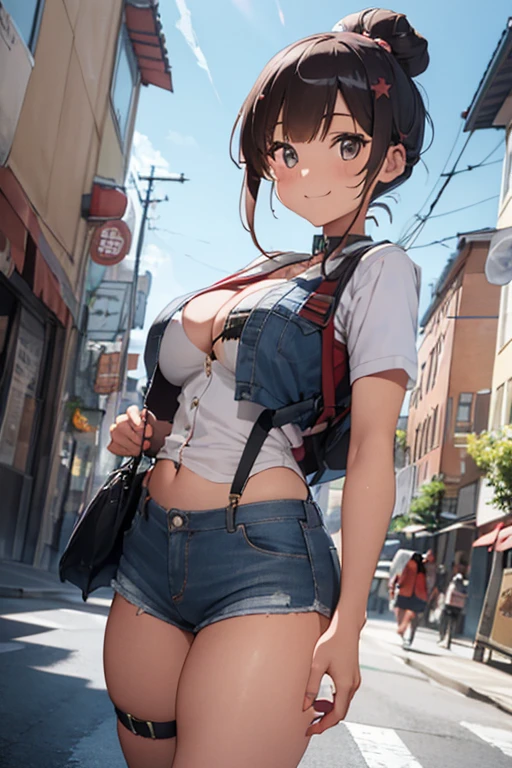 masterpiece、The best、1 female、denim vest、Denim shorts、Red shirt， Bun bun、black hair、Shoulder leakage、big breasts、chubby、Smile、White suspenders、lace leggingackpack，On campus，pose，Street culture，Squat down