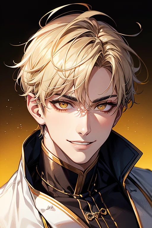 (muste piece), (best quality), extremely detailed, 1 man, solo, perfect face, pretty face, highly detailed face,yellow short hair, yellow eyebrows、Handsome man with expressive eyes, smiling, yellow eyes、Huangze Ryota、