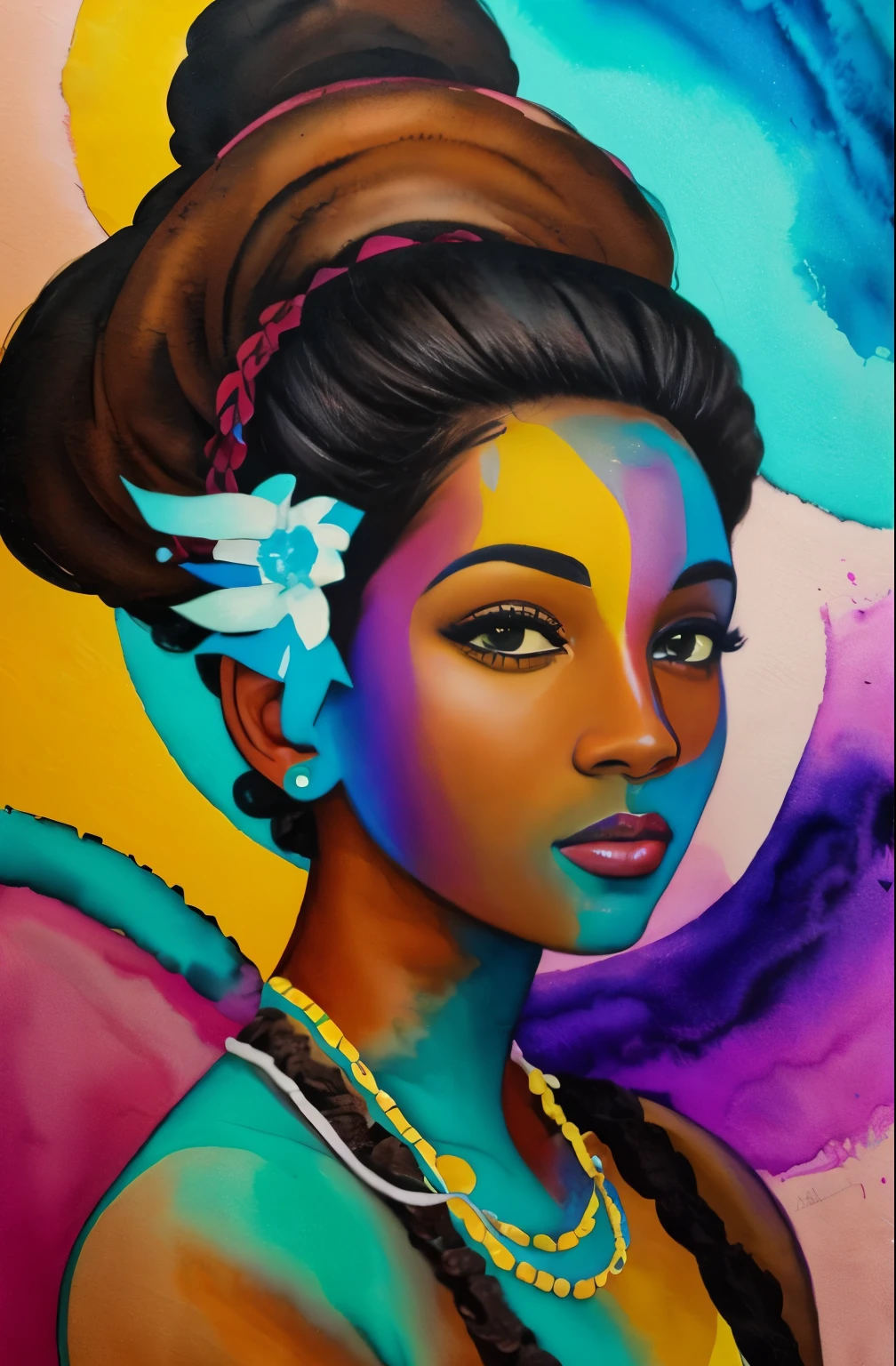 A painting of a woman with a brown and black face, Sylvia Pelissero watercolors, tumbler, abstract art, Intense watercolor painting, watercolor detailed art, watercolor splash, surreal, Avant-garde pop art, Beautiful and expressive painting, Beautiful artwork illustration, very colorful tones, Fantastic, cool beauty, highest quality,official art, women only, sharp outline, best shot