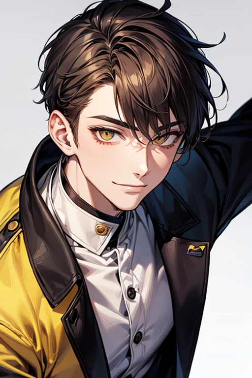 (muste piece), (best quality), extremely detailed, 1 man, solo, perfect face, pretty face, highly detailed face,yellow short hair, yellow eyebrows、Handsome man with expressive eyes, smiling, yellow eyes、Huangze Ryota、