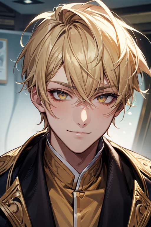 (muste piece), (best quality), extremely detailed, 1 man, solo, perfect face, pretty face, highly detailed face,yellow short hair, yellow eyebrows、Handsome man with expressive eyes, smiling, yellow eyes、Huangze Ryota、