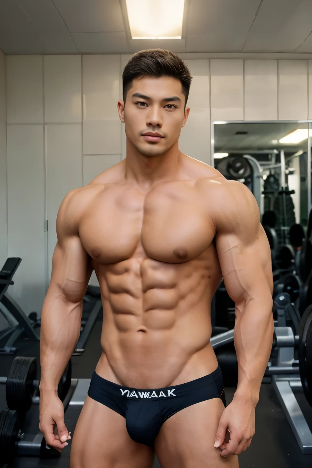 Masterpiece, Best quality, 1 people, Korean man, gym background, bodybuilder, muscle body, big muscle, Natural eyes, large bulge, short detailed hair, Sexy guy, looking at viewert, top less, black Brief, triangular men's underwear, a little pubic hair, standing, muscle pose