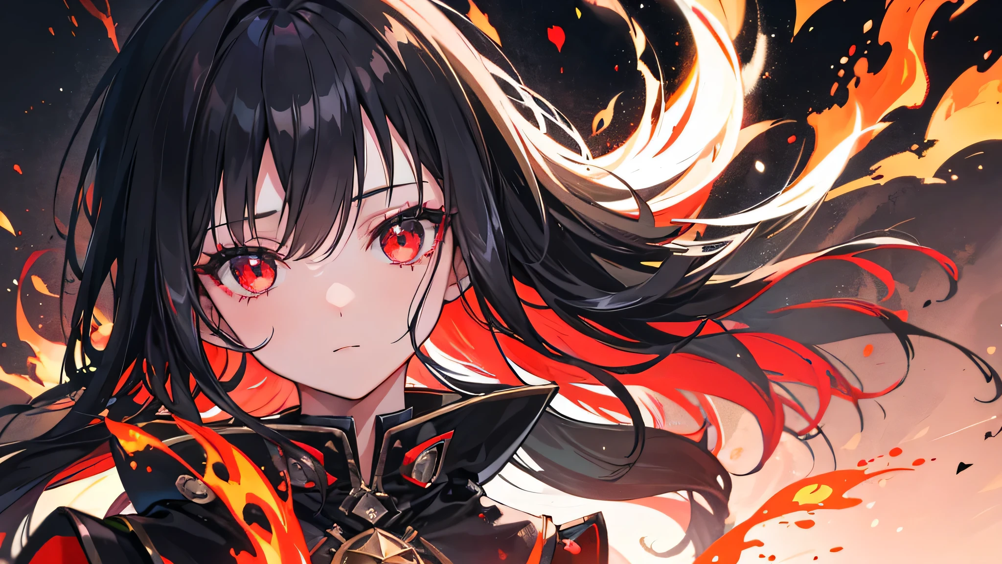 1girl, black hair, red eyes, fire witch, blood, light particles, light rays, wallpaper, high contrast, colorful,